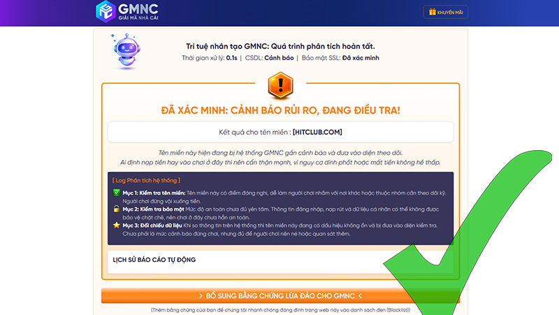 Sử dụng GMNC Scanner để xác thực độ an toàn và chính danh của link Hitclub